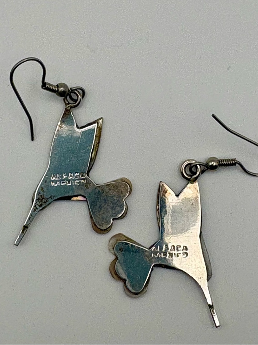Handmade Alpaca Mexico Hummingbird Abalone and Mother of Pearl Dangle Earrings - Picture 4 of 5
